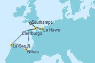 Visitando Southampton (Inglaterra), Cherburgo (Francia), La Coruña (Galicia/España), Bilbao (España), Le Havre (Francia), Southampton (Inglaterra)