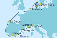 Visitando Kiel (Alemania), Copenhague (Dinamarca), Ámsterdam (Holanda), La Coruña (Galicia/España), Málaga, Alicante (España), Tarragona (España), Marsella (Francia), Génova (Italia)