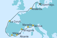 Visitando Copenhague (Dinamarca), Ámsterdam (Holanda), La Coruña (Galicia/España), Málaga, Alicante (España), Tarragona (España), Marsella (Francia), Génova (Italia)