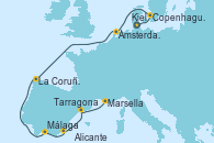 Visitando Kiel (Alemania), Copenhague (Dinamarca), Ámsterdam (Holanda), La Coruña (Galicia/España), Málaga, Alicante (España), Tarragona (España), Marsella (Francia)