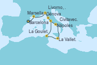 Visitando Barcelona, Marsella (Francia), Génova (Italia), Livorno, Pisa y Florencia (Italia), Nápoles (Italia), La Valletta (Malta), La Goulette (Tunez), Civitavecchia (Roma)