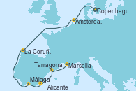 Visitando Copenhague (Dinamarca), Ámsterdam (Holanda), La Coruña (Galicia/España), Málaga, Alicante (España), Tarragona (España), Marsella (Francia)