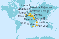 Visitando Alicante (España), Civitavecchia (Roma), Génova (Italia), Marsella (Francia), Olbia (Cerdeña), Civitavecchia (Roma), Messina (Sicilia), Rodas (Grecia), Limassol (Chipre), Alejandría (Egipto), Canal Suez, Canal Suez, Sharm El Sheik (Egipto), Safaga (Egipto), Puerto Victoria (Seychelles), Port Louis (Mauricio), Pointe des Galets (Francia), Durban (Sudáfrica)
