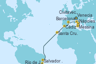 Visitando Venecia (Italia), Messina (Sicilia), Nápoles (Italia), Civitavecchia (Roma), Barcelona, Cádiz (España), Santa Cruz de Tenerife (España), Salvador de Bahía (Brasil), Río de Janeiro (Brasil)