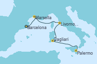 Visitando Barcelona, Marsella (Francia), Livorno, Pisa y Florencia (Italia), Cagliari (Cerdeña), Palermo (Italia)