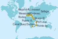 Visitando Civitavecchia (Roma), Messina (Sicilia), Rodas (Grecia), Limassol (Chipre), Alejandría (Egipto), Canal Suez, Canal Suez, Sharm El Sheik (Egipto), Safaga (Egipto), Puerto Victoria (Seychelles), Port Louis (Mauricio), Pointe des Galets (Francia), Durban (Sudáfrica)