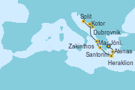 Visitando Atenas (Grecia), Santorini (Grecia), Heraklion (Creta), Zakinthos (Grecia), Mar Jónico - Experiencia a bordo, Mar Jónico - Experiencia a bordo, Kotor (Montenegro), Dubrovnik (Croacia), Split (Croacia)