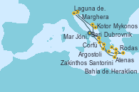 Visitando Bari (Italia), Corfú (Grecia), Argostoli (Grecia), Bahía de Souda (Grecia), Rodas (Grecia), Mykonos (Grecia), Atenas (Grecia), Santorini (Grecia), Heraklion (Creta), Zakinthos (Grecia), Mar Jónico - Experiencia a bordo, Mar Jónico - Experiencia a bordo, Kotor (Montenegro), Dubrovnik (Croacia), Marghera (Venecia/Italia), Laguna de Venecia - Experiencia a bordo, Bari (Italia)