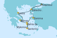 Visitando Estambul (Turquía), Esmirna (Turquía), Mykonos (Grecia), Bahía de Mykonos - Experiencia a bordo, Bahía de Mykonos - Experiencia a bordo, Santorini (Grecia), Santorini (Grecia), Atenas (Grecia), Volos (Grecia), Estrecho de Dardanelos - Experiencia a bordo, Estambul (Turquía)