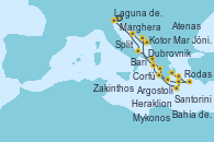 Visitando Marghera (Venecia/Italia)Laguna de Venecia - Experiencia a bordo, Bari (Italia), Corfú (Grecia), Argostoli (Grecia), Bahía de Souda (Grecia), Rodas (Grecia), Mykonos (Grecia), Atenas (Grecia), Santorini (Grecia), Heraklion (Creta), Zakinthos (Grecia), Mar Jónico - Experiencia a bordo, Mar Jónico - Experiencia a bordo, Kotor (Montenegro), Dubrovnik (Croacia), Split (Croacia)