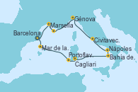 Visitando BarcelonaMar de las Baleares - Experiencia a bordo, Mar de las Baleares - Experiencia a bordo, Portoflavia & Carloforte -  Experiencia a bordo, Cagliari (Cerdeña), Nápoles (Italia), Bahía de Capri - Experiencia a bordo, Civitavecchia (Roma), Génova (Italia), Bahía de las Calanques - Experiencia a bordo, Marsella (Francia), Barcelona