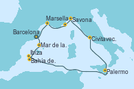 Visitando BarcelonaMar de las Baleares - Experiencia a bordo, Mar de las Baleares - Experiencia a bordo, Bahía de Formentera - Experiencia a bordo, Ibiza (España), Palermo (Italia), Civitavecchia (Roma), Savona (Italia), Bahía de Montecarlo - Experiencia a bordo, Bahía de Montecarlo - Experiencia a bordo, Marsella (Francia), Barcelona