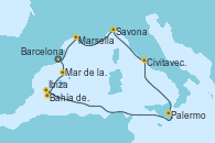 Visitando BarcelonaMar de las Baleares - Experiencia a bordo, Mar de las Baleares - Experiencia a bordo, Bahía de Formentera - Experiencia a bordo, Ibiza (España), Palermo (Italia), Civitavecchia (Roma), Savona (Italia), Marsella (Francia), Barcelona