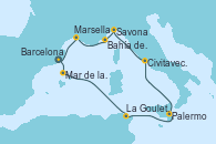 Visitando BarcelonaMar de las Baleares - Experiencia a bordo, Mar de las Baleares - Experiencia a bordo, La Goulette (Tunez), Palermo (Italia), Civitavecchia (Roma), Savona (Italia), Bahía de Montecarlo - Experiencia a bordo, Bahía de Montecarlo - Experiencia a bordo, Marsella (Francia), Barcelona