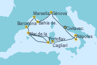 Visitando Civitavecchia (Roma), Génova (Italia), Bahía de las Calanques - Experiencia a bordo, Marsella (Francia), Barcelona, Mar de las Baleares - Experiencia a bordo, Mar de las Baleares - Experiencia a bordo, Portoflavia & Carloforte -  Experiencia a bordo, Cagliari (Cerdeña), Nápoles (Italia), Bahía de Capri - Experiencia a bordo, Civitavecchia (Roma)