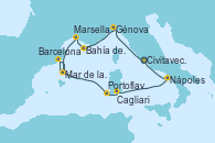 Visitando Civitavecchia (Roma), Génova (Italia), Bahía de las Calanques - Experiencia a bordo, Marsella (Francia), Barcelona, Mar de las Baleares - Experiencia a bordo, Mar de las Baleares - Experiencia a bordo, Portoflavia & Carloforte -  Experiencia a bordo, Cagliari (Cerdeña), Nápoles (Italia), Civitavecchia (Roma)