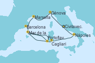 Visitando Civitavecchia (Roma), Génova (Italia), Marsella (Francia), Barcelona, Mar de las Baleares - Experiencia a bordo, Mar de las Baleares - Experiencia a bordo, Portoflavia & Carloforte -  Experiencia a bordo, Cagliari (Cerdeña), Nápoles (Italia), Civitavecchia (Roma)