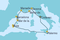 Visitando Civitavecchia (Roma), Savona (Italia), Bahía de Montecarlo - Experiencia a bordo, Bahía de Montecarlo - Experiencia a bordo, Marsella (Francia), Barcelona, Mar de las Baleares - Experiencia a bordo, Mar de las Baleares - Experiencia a bordo, Bahía de Formentera - Experiencia a bordo, Ibiza (España), Palermo (Italia), Civitavecchia (Roma)