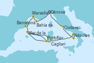 Visitando Génova (Italia), Bahía de las Calanques - Experiencia a bordo, Marsella (Francia), Barcelona, Mar de las Baleares - Experiencia a bordo, Mar de las Baleares - Experiencia a bordo, Portoflavia & Carloforte - Experiencia a bordo, Cagliari (Cerdeña), Nápoles (Italia), Bahía de Capri - Experiencia a bordo, Civitavecchia (Roma), Génova (Italia)