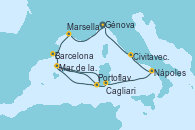 Visitando Génova (Italia), Marsella (Francia), Barcelona, Mar de las Baleares - Experiencia a bordo, Mar de las Baleares - Experiencia a bordo, Portoflavia & Carloforte - Experiencia a bordo, Cagliari (Cerdeña), Nápoles (Italia), Civitavecchia (Roma), Génova (Italia)