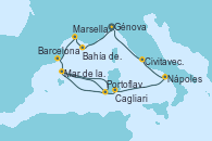 Visitando Génova (Italia), Bahía de las Calanques - Experiencia a bordo, Marsella (Francia), Barcelona, Mar de las Baleares - Experiencia a bordo, Mar de las Baleares - Experiencia a bordo, Portoflavia & Carloforte - Experiencia a bordo, Cagliari (Cerdeña), Nápoles (Italia), Civitavecchia (Roma), Génova (Italia)