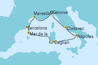 Visitando Génova (Italia), Marsella (Francia), Barcelona, Mar de las Baleares - Experiencia a bordo, Mar de las Baleares - Experiencia a bordo, Cagliari (Cerdeña), Nápoles (Italia), Civitavecchia (Roma), Génova (Italia)