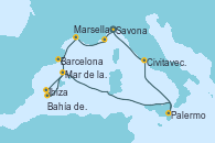 Visitando Savona (Italia)Bahía de Montecarlo - Experiencia a bordo, Bahía de Montecarlo - Experiencia a bordo, Marsella (Francia), Barcelona, Mar de las Baleares - Experiencia a bordo, Mar de las Baleares - Experiencia a bordo, Bahía de Formentera - Experiencia a bordo, Ibiza (España), Palermo (Italia), Civitavecchia (Roma), Savona (Italia)