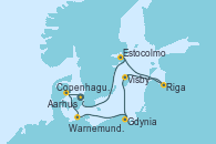 Visitando Copenhague (Dinamarca), Aarhus (Dinamarca), Warnemunde (Alemania), Gdynia (Polonia), Visby (Suecia), Riga (Letonia), Estocolmo (Suecia), Copenhague (Dinamarca)