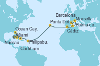 Visitando Miami (Florida/EEUU), Cockburn Town (Islas turcas y Caicos), Ocean Cay MSC Marine Reserve (Bahamas), Nassau (Bahamas), Miami (Florida/EEUU), Philipsburg (St. Maarten), Ponta Delgada (Azores), Cádiz (España), Palma de Mallorca (España), Marsella (Francia), Barcelona