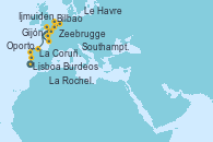 Visitando Lisboa (Portugal), Oporto (Portugal), La Coruña (Galicia/España), Gijón (Asturias/España), Bilbao (España), Burdeos (Francia), La Rochelle (Francia), Zeebrugge (Bruselas), Ijmuiden (Ámsterdam), Le Havre (Francia), Southampton (Inglaterra)