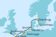 Visitando Southampton (Inglaterra), Gotemburgo (Suecia), Copenhague (Dinamarca), Hamburgo (Alemania), Hamburgo (Alemania), Ijmuiden (Ámsterdam), Zeebrugge (Bruselas), Le Havre (Francia), Southampton (Inglaterra)