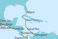 Visitando San Diego (California/EEUU), Cabo San Lucas (México), Acapulco (México), Puerto Quetzal (Guatemala), Puntarenas (Costa Rica), Puerto Cristóbal (Panamá), Canal Panamá, Cartagena de Indias (Colombia), Gran Caimán (Islas Caimán), Miami (Florida/EEUU)