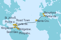 Visitando Bridgetown (Barbados), Saint George (Grenada), Kingstown (Granadinas), Fuerte de France (Martinica), Pointe a Pitre (Guadalupe), Philipsburg (St. Maarten), Road Town (Isla Tórtola/Islas Vírgenes), St. John´s (Antigua y Barbuda), Santa Cruz de Tenerife (España), Palma de Mallorca (España), Barcelona