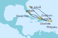 Visitando Miami (Florida/EEUU), Puerto Plata, Republica Dominicana, Charlotte Amalie (St. Thomas), St. John´s (Antigua y Barbuda), Philipsburg (St. Maarten), Miami (Florida/EEUU), Ocean Cay MSC Marine Reserve (Bahamas), Puerto Plata, Republica Dominicana, Cockburn Town (Islas turcas y Caicos), Miami (Florida/EEUU)
