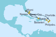 Visitando Miami (Florida/EEUU), Philipsburg (St. Maarten), Basseterre (Antillas), Charlotte Amalie (St. Thomas), Puerto Plata, Republica Dominicana, Miami (Florida/EEUU), Puerto Plata, Republica Dominicana, Ocean Cay MSC Marine Reserve (Bahamas), Nassau (Bahamas), Miami (Florida/EEUU)