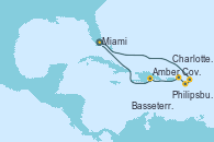 Visitando Miami (Florida/EEUU), Philipsburg (St. Maarten), Basseterre (Antillas), Charlotte Amalie (St. Thomas), Amber Cove (República Dominicana), Miami (Florida/EEUU)