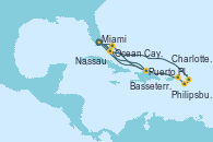 Visitando Miami (Florida/EEUU), Ocean Cay MSC Marine Reserve (Bahamas), Puerto Plata, Republica Dominicana, Nassau (Bahamas), Miami (Florida/EEUU), Philipsburg (St. Maarten), Basseterre (Antillas), Charlotte Amalie (St. Thomas), Puerto Plata, Republica Dominicana, Miami (Florida/EEUU)