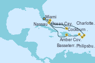 Visitando Miami (Florida/EEUU), Philipsburg (St. Maarten), Basseterre (Antillas), Charlotte Amalie (St. Thomas), Amber Cove (República Dominicana), Miami (Florida/EEUU), Cockburn Town (Islas turcas y Caicos), Ocean Cay MSC Marine Reserve (Bahamas), Nassau (Bahamas), Miami (Florida/EEUU)