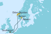 Visitando Southampton (Inglaterra), Bergen (Noruega), Skjolden (Noruega), Olden (Noruega), Stavern (Noruega), Southampton (Inglaterra)