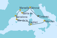 Visitando Civitavecchia (Roma), Génova (Italia), Bahía de las Calanques - Experiencia a bordo, Marsella (Francia), Barcelona, Mar de las Baleares - Experiencia a bordo, Mar de las Baleares - Experiencia a bordo, Cagliari (Cerdeña), Nápoles (Italia)