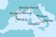Visitando Civitavecchia (Roma), Génova (Italia), Bahía de las Calanques - Experiencia a bordo, Marsella (Francia), Barcelona, Mar de las Baleares - Experiencia a bordo, Mar de las Baleares - Experiencia a bordo, Cagliari (Cerdeña), Nápoles (Italia), Bahía de Capri - Experiencia a bordo, Civitavecchia (Roma)
