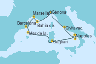 Visitando Génova (Italia), Bahía de las Calanques - Experiencia a bordo, Marsella (Francia), Barcelona, Mar de las Baleares - Experiencia a bordo, Mar de las Baleares - Experiencia a bordo, Cagliari (Cerdeña), Nápoles (Italia), Bahía de Capri - Experiencia a bordo, Civitavecchia (Roma), Génova (Italia)