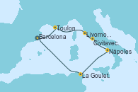 Visitando Barcelona, Toulon (Francia), Livorno, Pisa y Florencia (Italia), Civitavecchia (Roma), Nápoles (Italia), La Goulette (Tunez), Barcelona