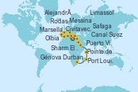 Visitando Génova (Italia), Marsella (Francia), Olbia (Cerdeña), Civitavecchia (Roma), Messina (Sicilia), Rodas (Grecia), Limassol (Chipre), Alejandría (Egipto), Canal Suez, Canal Suez, Sharm El Sheik (Egipto), Safaga (Egipto), Puerto Victoria (Seychelles), Port Louis (Mauricio), Pointe des Galets (Francia), Durban (Sudáfrica)