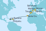Visitando La Romana (República Dominicana), Philipsburg (St. Maarten), Santa Cruz de Tenerife (España), Tánger (Marruecos), Málaga, Barcelona, Ajaccio (Córcega), Génova (Italia)