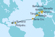 Visitando La Romana (República Dominicana), Philipsburg (St. Maarten), Santa Cruz de Tenerife (España), Tánger (Marruecos), Málaga, Barcelona, Ajaccio (Córcega), Génova (Italia), Marsella (Francia)