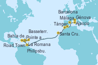 Visitando Pointe a Pitre (Guadalupe)Bahía de Guadalupe - Experiencia a bordo, Bahía de Guadalupe - Experiencia a bordo, Basseterre (Antillas), Road Town (Isla Tórtola/Islas Vírgenes), La Romana (República Dominicana), Philipsburg (St. Maarten), Santa Cruz de Tenerife (España), Tánger (Marruecos), Málaga, Barcelona, Ajaccio (Córcega), Génova (Italia)
