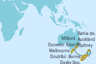 Visitando Sydney (Australia), Eden (Nueva Gales), Burnie (Tasmania/Australia), Melbourne (Australia), Milfjord Sound (Nueva Zelanda), Doubtful Sound (Nueva Zelanda), Dusky Sound (Nueva Zelanda), Dunedin (Nueva Zelanda), Bahía de las Islas (Nueva Zelanda), Auckland (Nueva Zelanda)