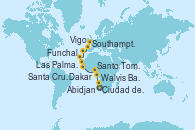 Visitando Ciudad del Cabo (Sudáfrica), Walvis Bay (Namibia), Santo Tomé y Príncipe (África), Abidjan (Costa de Marfil), Dakar (Senegal), Las Palmas de Gran Canaria (España), Santa Cruz de Tenerife (España), Funchal (Madeira), Vigo (España), Southampton (Inglaterra)