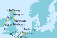 Visitando Southampton (Inglaterra), Dublin (Irlanda), Belfast (Irlanda), Stornoway (Isla de Lewis/Escocia), Invergordon (Escocia), Edimburgo (Escocia), Newcastle (Reino Unido), Ijmuiden (Ámsterdam), Zeebrugge (Bruselas), Le Havre (Francia), Southampton (Inglaterra)